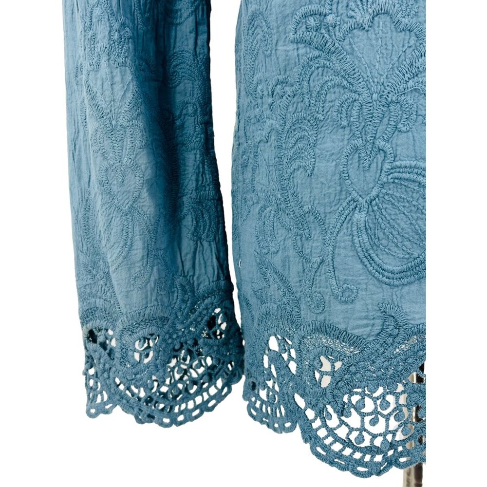 Blue Lace Up Embroidered Crochet Trim Tassel Tunic Top| Coastal Grandma Boho S/M - Picture 14 of 16